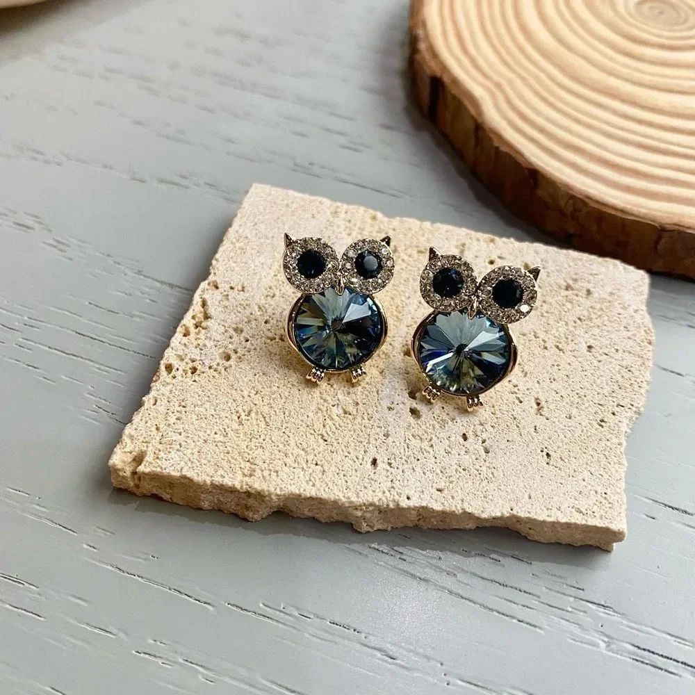 Blue Grey Crystal Owl Gold Earrings